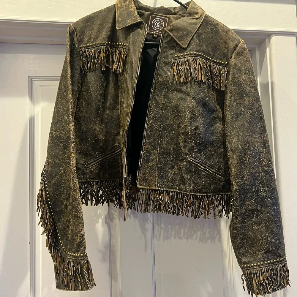 Double D Ranch Distressed Brown Leather Fringe Jacket - Picture 2 of 5